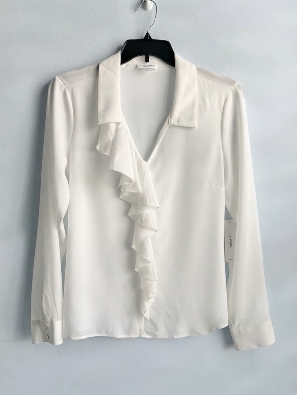 Calvin Klein Women’s White Ruffle-Trim Long Sleeve Collared Blouse Size XL